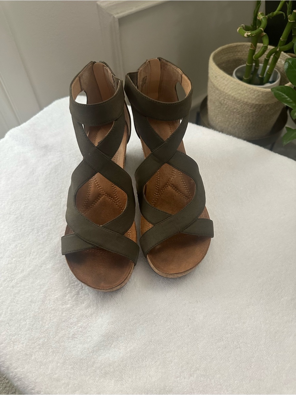 Olive Green Strappy Wedge Sandals Size 10M